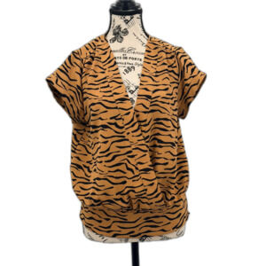 Nine West Animal Tiger Print Brown Black Blouson Med Dolman Banded Blouse VNeck